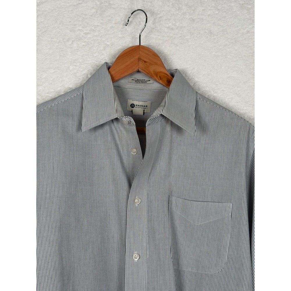 Haggar Button Down Shirt Mens 16-16.5 34/35 Grey White Striped Regular Fit L/S